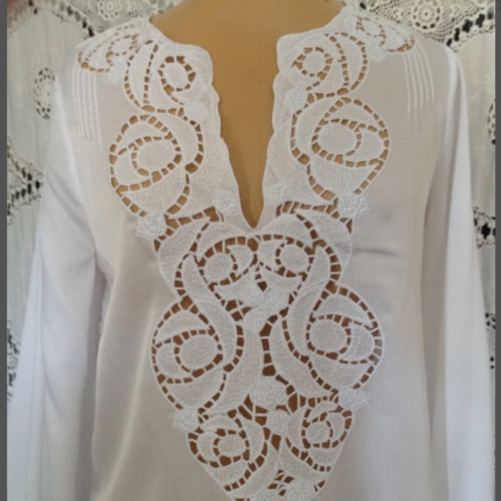 BCBG MaxAzria White, Poet Sleeve, Cut Out Design Front, Drawstring Waist Blouse